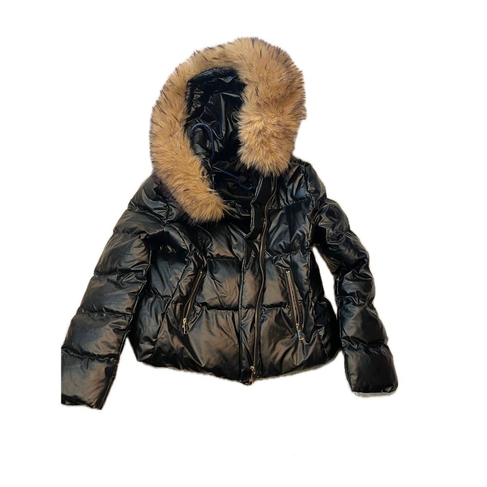 No Label Black Hooded Shiny Puffer Jacket Womans Large